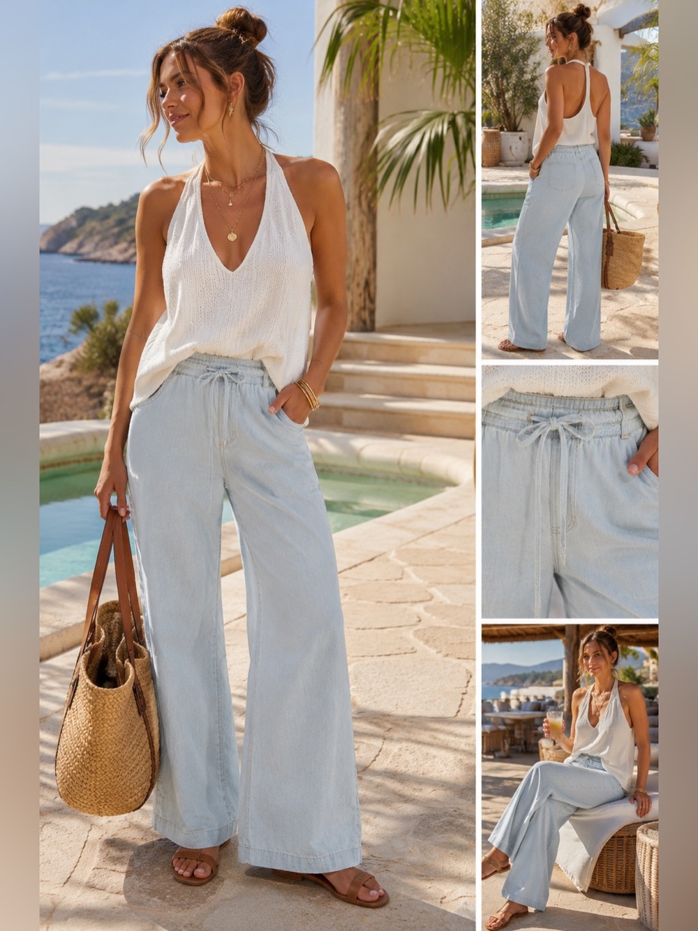 Vintage Moda International Light Wash Wide Leg Drawstring Jeans Size 14